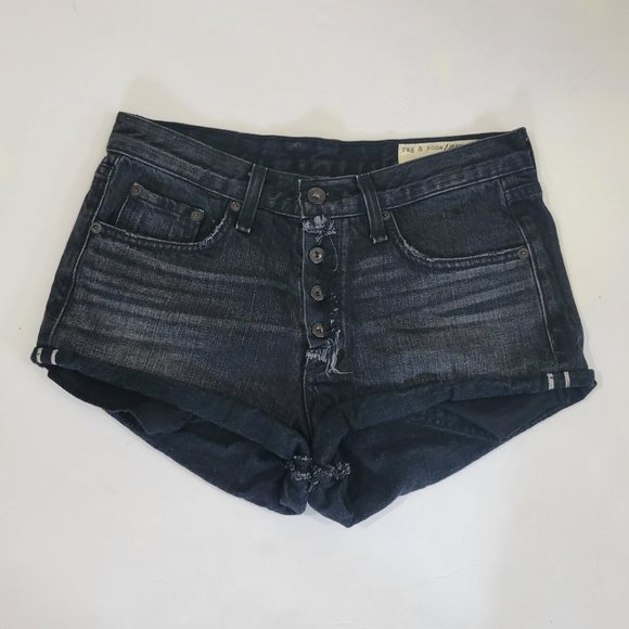 Rag & Bone Marilyn High Rise Button Fly Mini Denim Shorts in Black Hawk - Picture 3 of 8